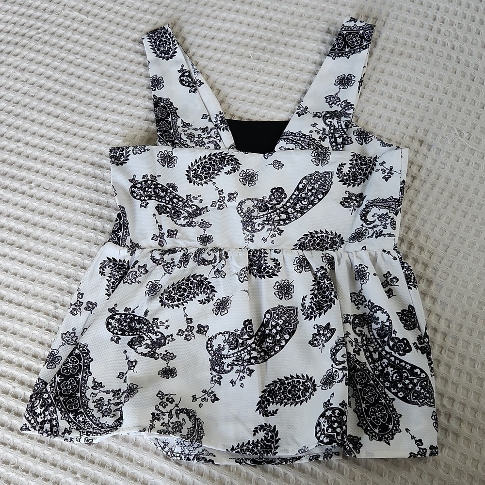 Paisley Black White Cutout sleeveless Blouse Party Elegant - Picture 6 of 11